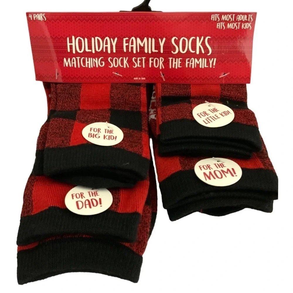 Holiday Family Matching Socks 4 Pack Christmas Tartan Plaid Red Black Adult Kids
